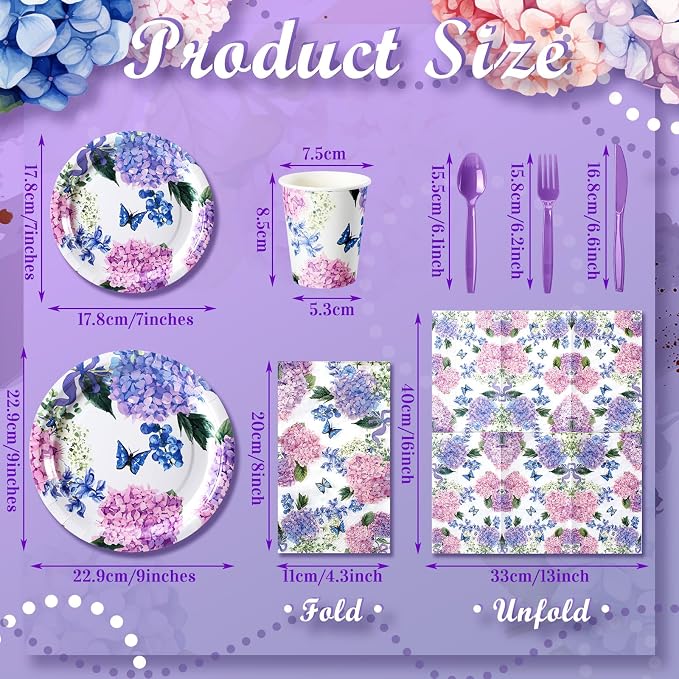 400 Pcs Hydrangea Flowers Spring Plates and Napkins Bridal Shower Plates and Napkins Sets Baby Shower Party Decorations Disposable Dinnerware Set