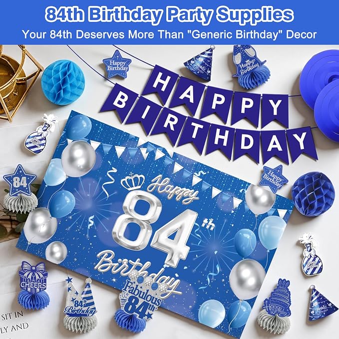 Happy 84th Birthday Party Decoration: Including Birthday Banner Backdrop, Party Table Centerpieces and Hanging Swirl Party Streamers, Birthday Decor for Men and Women (Blue, 84th Birthday)