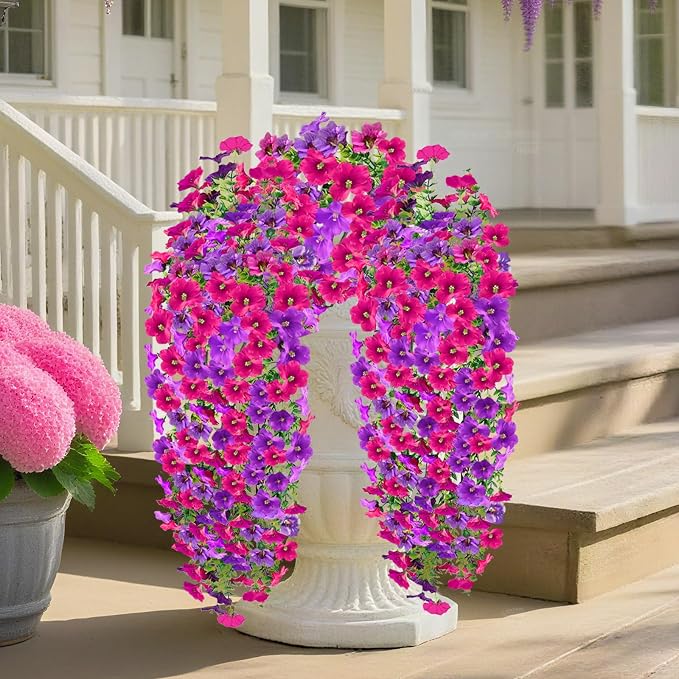 4PCS Artificial Hanging Flowers for Outdoors Summer Decoration, Upgrade UV Resistant Faux Silk Hanging Plants for Outside Home Planter Porch Patio Decor (Purple&Pink Rose)