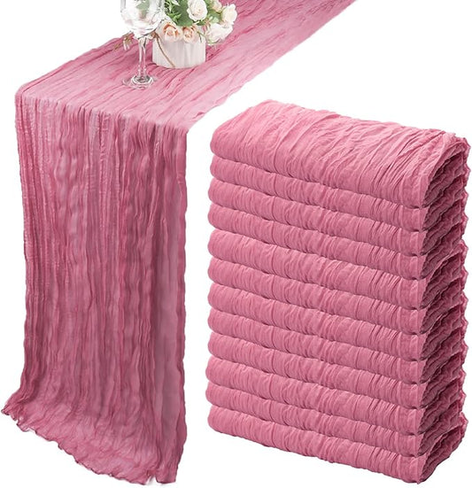 12 Pack 10Ft Cheesecloth Table Runner 35x120 Inch Boho Gauze Table Runner Rustic Cheese Cloth Long Romantic Table Runners for Wedding Bridal Shower Birthday Party Table Decor (Dusty Rose)