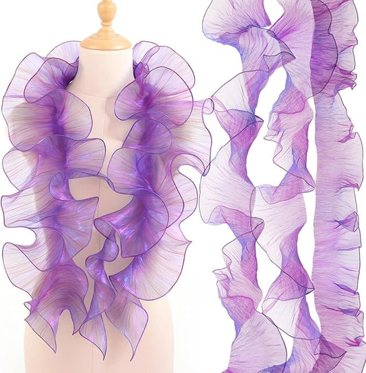 Ganeen 16 Yard Ruffle Pleated Iridescent Ribbon, Blue Purple Jellyfish Organza Ruffle Trim, Retro Tulle Lace Fabric for Jellyfish Costume Sewing Craft Dress Hat Lantern Cake Christmas Tree Decor