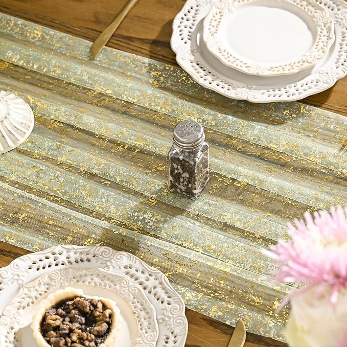 Artoid Mode 10PCS Sage Green Gold Gauze Table Runner 120 Inch 10FT, Glitter Metallic Foil Sheer Dining Wedding Anniversary Holiday Birthday Table Decor for Home Party