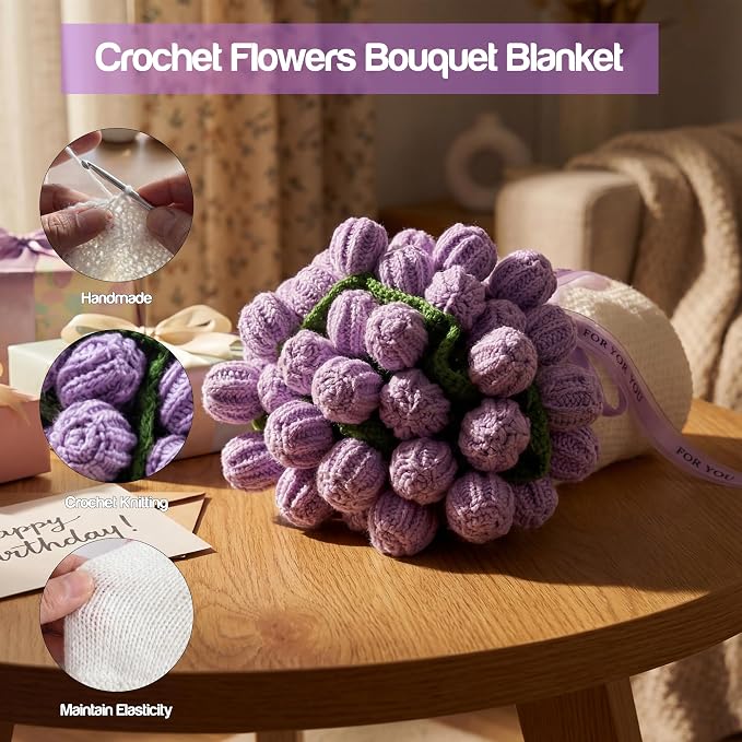 Mom Gifts for Mothers Day, Handmade Knitted Crochet Flower Bouquet Blanket, Birthday Gifts for Women, Anniversary, Wedding, Romantic Gifts for Wife Girlfriend Sister Friends, Throw Blanket, Home Decor