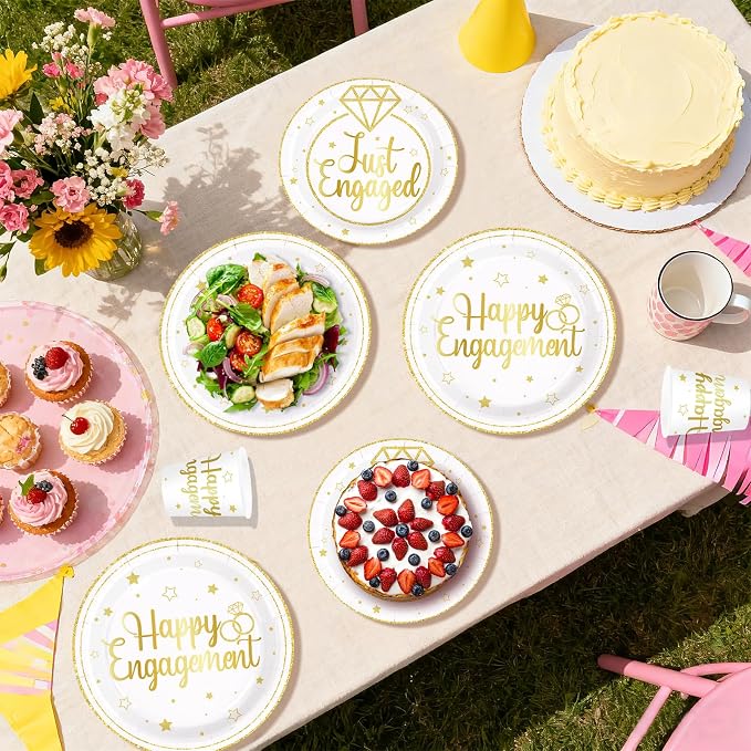 250 Pcs Happy Engagement Party Decorations White Gold Diamond Ring Plates Napkins Cups Disposable She Said Yes Tableware Set for Wedding Bridal Shower Just Engaged Party Supplies Serves 50