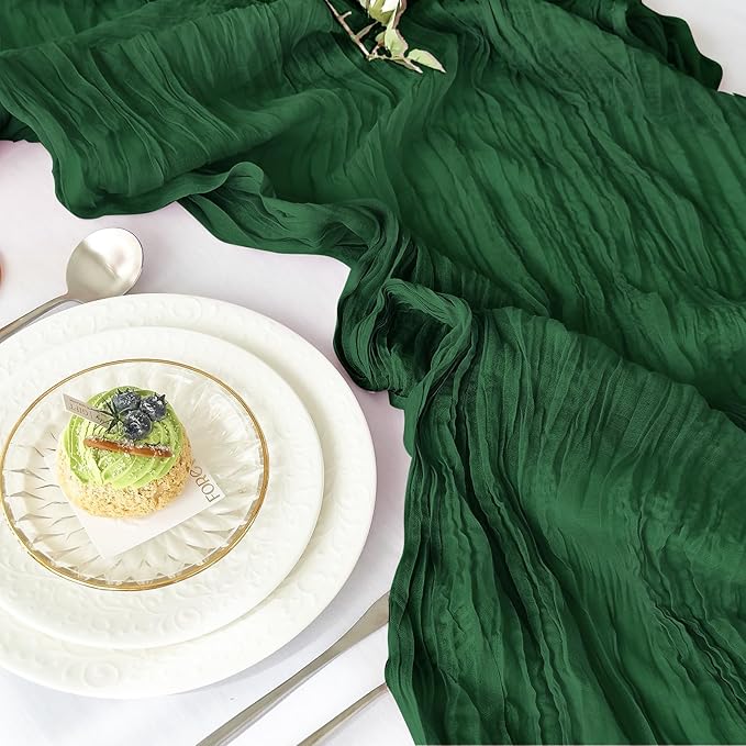 IVAPUPU 2 Pcs Cheesecloth Table Runner - 10ft Emerald Green Spring Boho Gauze Cheese Cloth Table Runners for Baby Shower Decorations Wedding Party Garden Decor