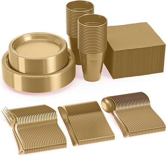350 Pcs Gold Plastic Plates For Party, Gold Disposable Plates Set, 50 Of Each 9" Dinner Plate Set, 7" Dessert Plate, Cups, Napkins & Cutlery Plastic Dinnerware Set Exquisite