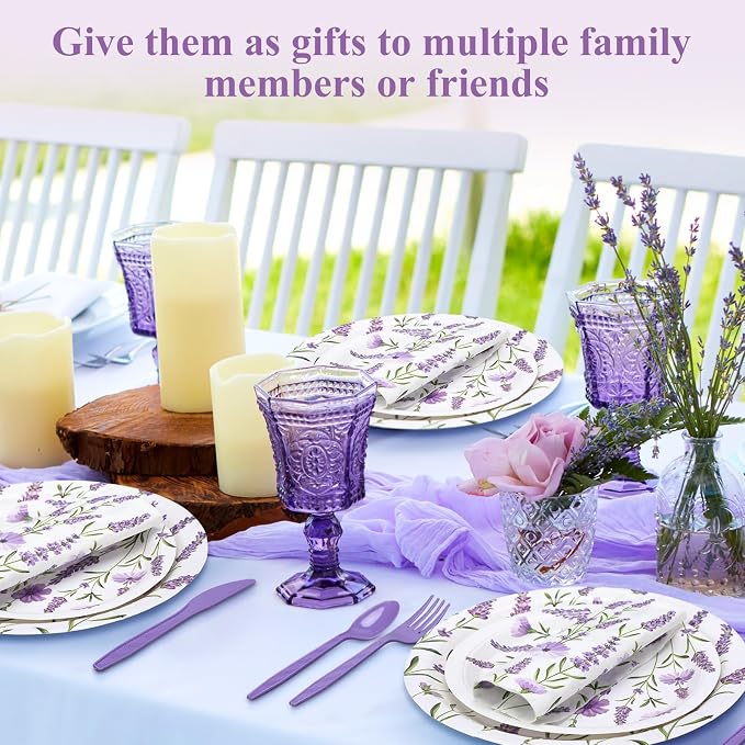 Funnymoom 400 Pcs Purple Lavender Floral Party Supplies Spring Lavender Paper Plates Napkins Cups Spoons Forks Knives for Wedding Birthday Bridal Baby Shower Party Decorations