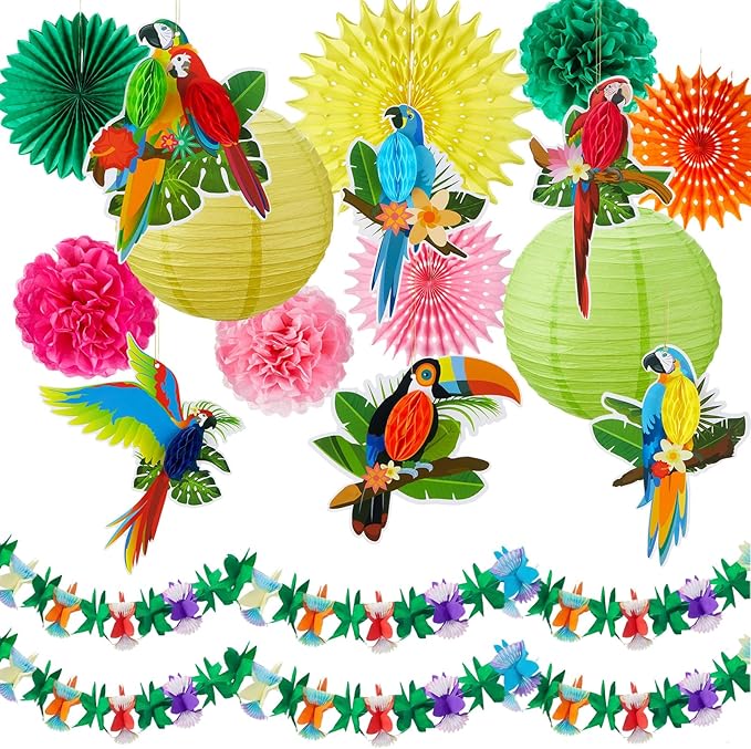 Frienda 19 Pcs Hawaiian Tropical Luau Party Decorations Tropical Parrot Bird Honeycomb Hanging Garland Multicolour Paper Hibiscus Flower Summer Banner Lantern Fans for Tiki Bar Beach Jungle Party