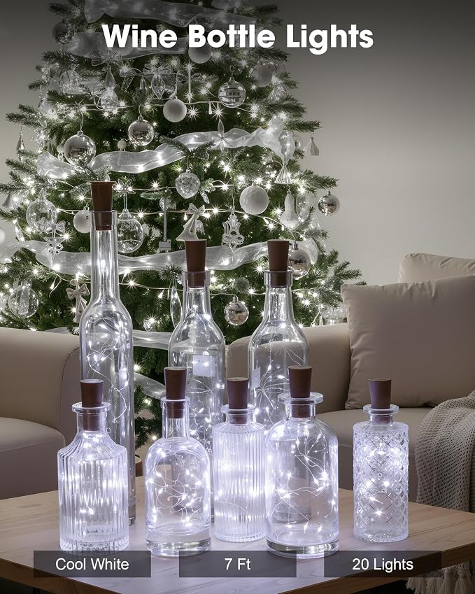 Hortsun 80 Pack Wine Bottle LED Lights with Cork Fairy Mini String Lights Battery Operated Mini Waterproof 7 ft Silver Wire 20 LED Cork Shape for Valentines, DIY, Party, Decor, Wedding (Cool White)