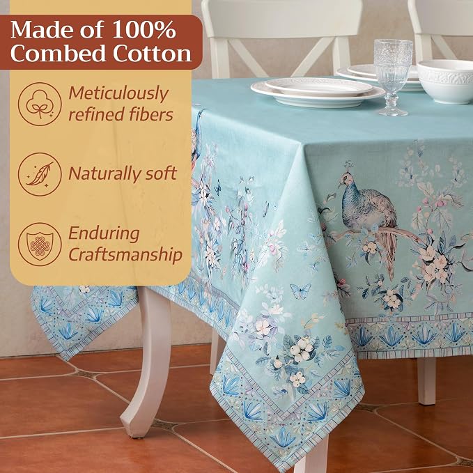Maison d' Hermine Premium Table Cloth Rectangle Table 100% Combed Cotton 108 x 70 Inches Tablecloth Reusable Decorative for Dining Room Home Party Festive Wedding - Peacock Utopia - Pastel Turquoise