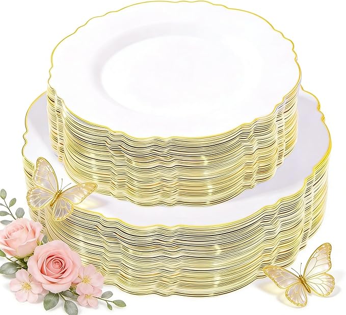 WDF 100pcs Gold Plastic Plates - High-end Baroque Design - Heavy Duty White &Gold Wedding Plates Set Ideal for Party/Wedding/Birthday/Mother's Day