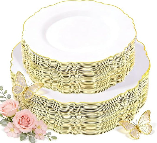 WDF 100pcs Gold Plastic Plates - High-end Baroque Design - Heavy Duty White &Gold Wedding Plates Set Ideal for Party/Wedding/Birthday/Mother's Day