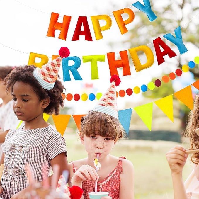 CANREVEL Pre-Strung 3D Happy Birthday Banner, 3 PCS Blue Felt Garland, Pom Pom Garland, Triangle Fabric Bunting, Reusable Blue Birthday Decorations for Boys Men, Blue Orange
