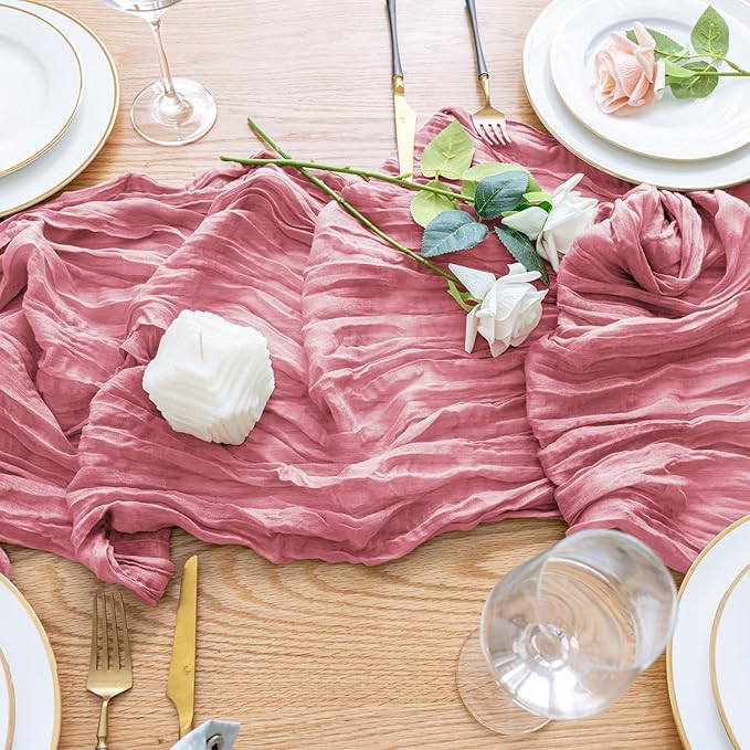 Wokceer Cheesecloth Table Runner 3Pack 10FT Dusty Rose Boho Gauze Cheese Cloth Table Runner for Party Long Rustic Sheer Table Runners for Baby Bridal Shower Wedding Easter Table Decor