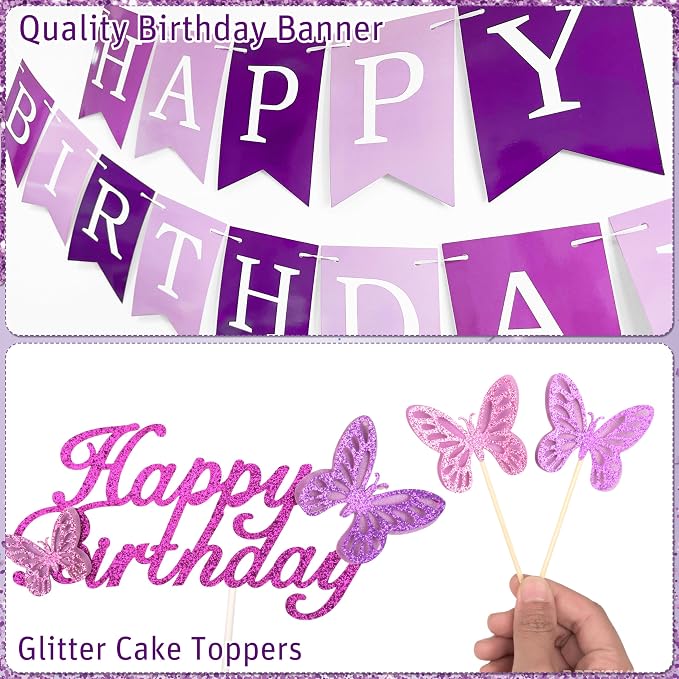 Purple Birthday Decorations for Women Girls Purple Party Decorations with Purple Balloon Arch Sash Banner Backdrop Tablecloth Cake Topper