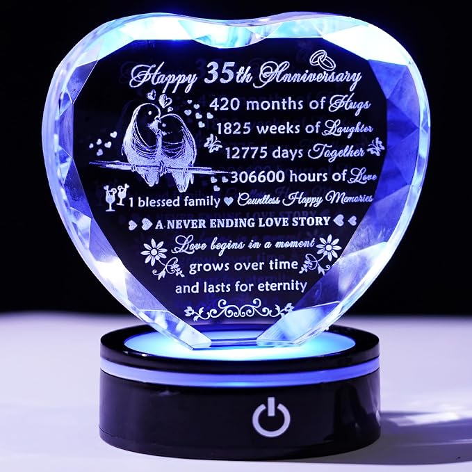 YWHL 35th Wedding Anniversary Crystal Heart Gifts for Parents Couples with LED Base Laser Engraved Happy 35th Anniversary Keepsake Plaque Gift for Husband Wife 35 Years of Marriage Gifts for Her Him