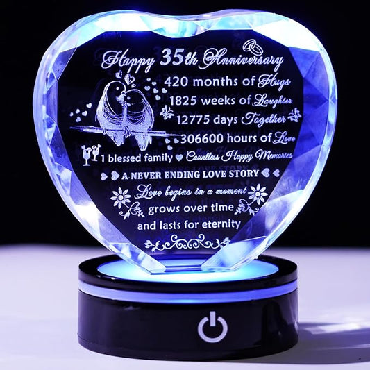 YWHL 35th Wedding Anniversary Crystal Heart Gifts for Parents Couples with LED Base Laser Engraved Happy 35th Anniversary Keepsake Plaque Gift for Husband Wife 35 Years of Marriage Gifts for Her Him