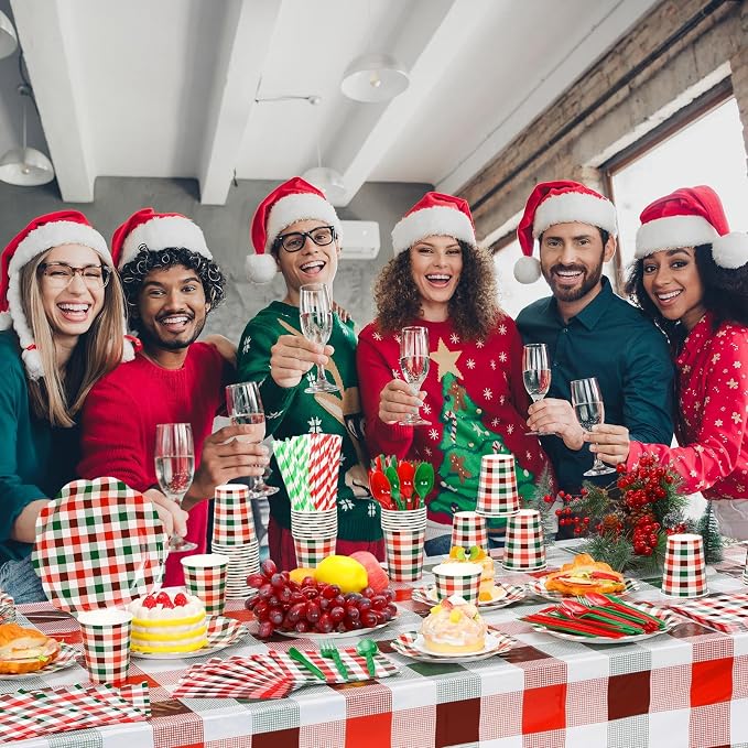 Funnymoom 452 Pcs Red and Green Christmas Buffalo Plaid Party Supplies for 50, Scalloped Christmas Gingham Plaid Paper Plates Napkins Cups Tablecloth Cutlery Straws for Rustic Holiday Party Decoration