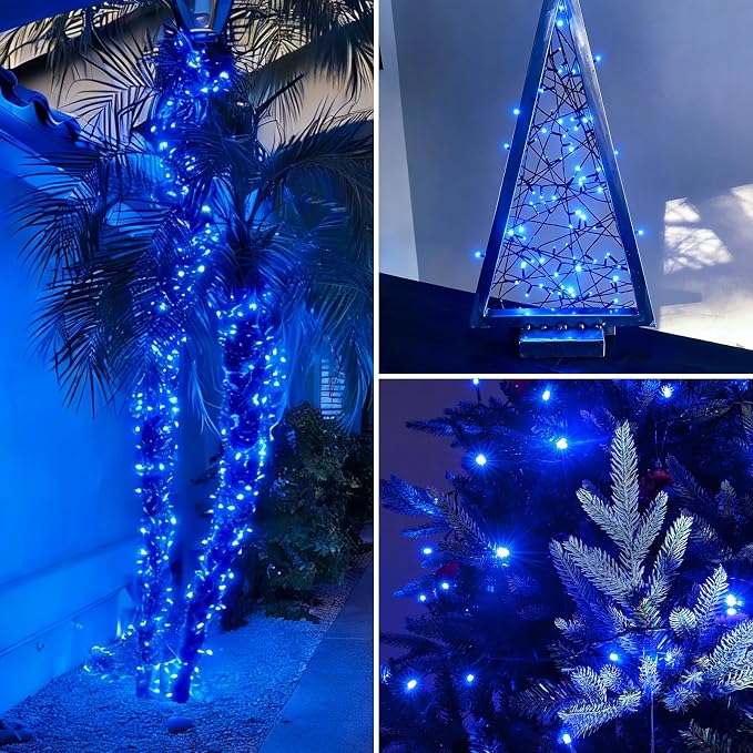 QITONG 2 Pack Blue Solar String Lights Outdoor Waterproof, Each 33ft 100 LED Christmas Light, 8 Modes Green Wire Blue Lights for Pool Garden Patio Yard Tree Party Wedding