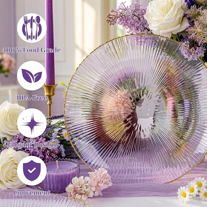 DaYammi 60Pcs Purple Plastic Plates with Gold Rimmed - Purple Disposable Plates Set Including 30pcs Dinner Plates,30pcs Dessert Plates with Radial Texture for Party & Wedding Bridal Shower