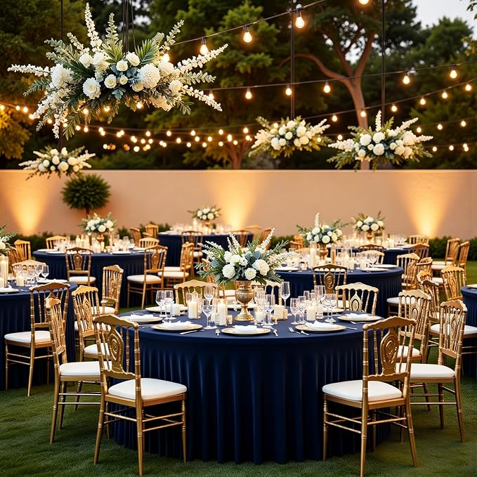 2 Pack Navy Blue Round Tablecloth with Ruffle Skirt, 60 Inch Elastic Fitted Table Cover for 5FT Table, Wrinkle-Resistant & Perfect for Graduation,Memorial Day,Veterans Day,Holiday Decor