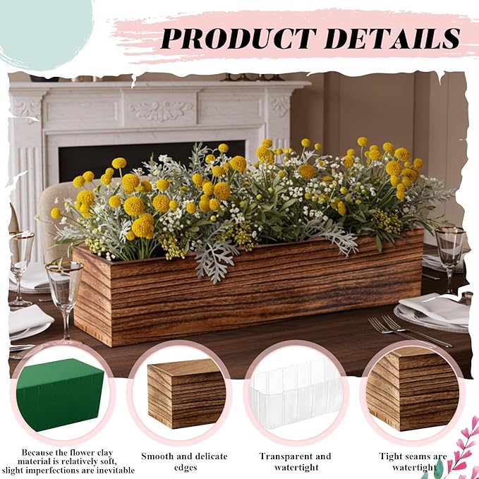 Dandat 12 Set Wood Boxes for Centerpieces 12x4 Inch Rectangle Wooden Planter Box Rustic Wood Planter with Removable Plastic Liner Floral Foam Blocks for Centerpieces Home Wedding Garden Decor