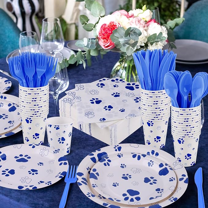 Kochorie 400 Pieces Blue Paw Disposable Party Tableware Sets Dog Puppy Supplies Including Plates Cups Napkins Cutlery Serves 50 for Birthday Puppy Theme Party Decorations
