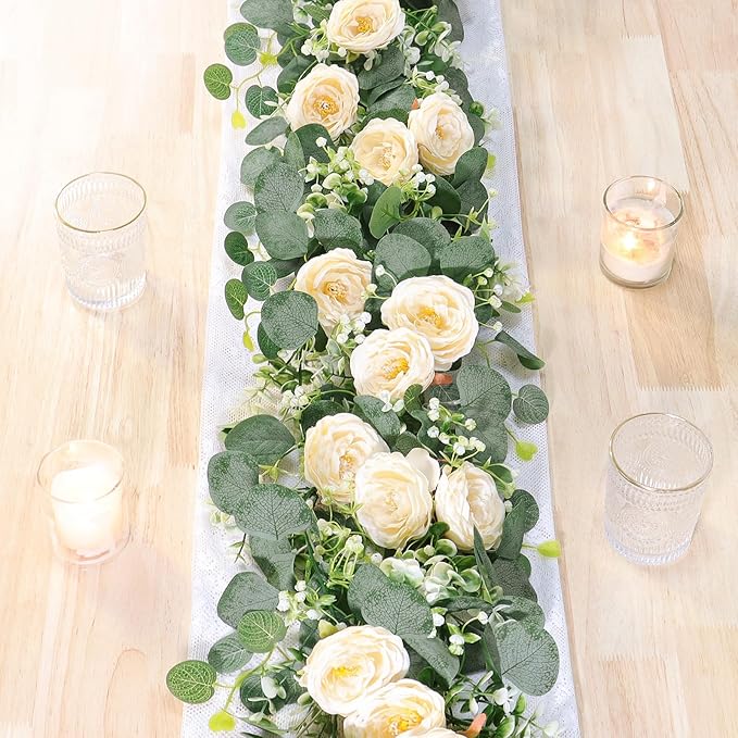TOCHGREEN 2 Pack 12Ft Artificial Eucalyptus Flower Garland with Champagne Roses, Fake Rose Flower Greenery Garland Floral Vines for Wedding Home Party Table Runner Decor (2PCS, Champagne)