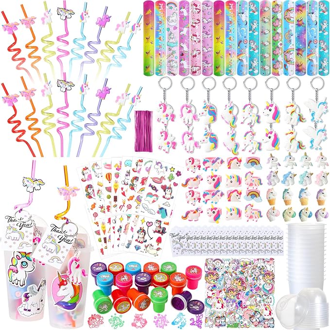 Qilery 195 Pcs 16 Guests Unicorn Birthday Party Favors for kids Includes Plastic Cup with Lid Straw Keychain Bracelet Ring Stamper Stickers Tag for Party Favors Piñata Filling