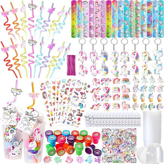 Qilery 195 Pcs 16 Guests Unicorn Birthday Party Favors for kids Includes Plastic Cup with Lid Straw Keychain Bracelet Ring Stamper Stickers Tag for Party Favors Piñata Filling
