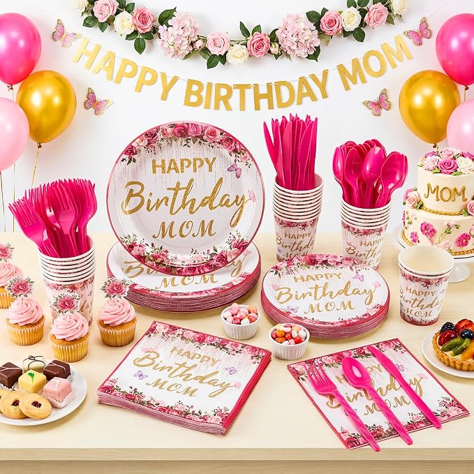 168 Pcs Happy Birthday Mom Party Decorations Pink Floral Best Mom Ever Plates and Napkins Sets Disposable Birthday Tableware Sets Serve for 24
