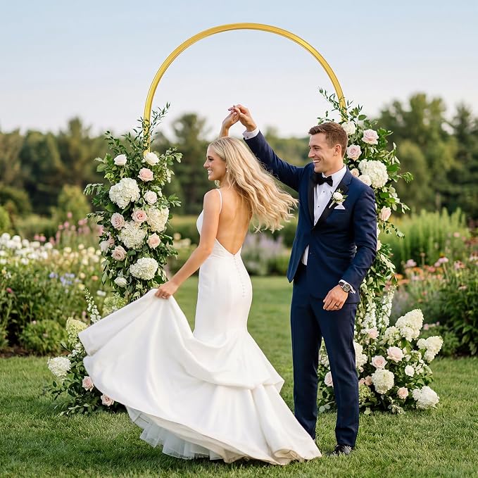 Toolterritary 8 FT Wedding Arch Backdrop Stand, Stable Heavy Duty Metal Wedding Arch Frame for Ceremony, Reinforced Balloon Arch Stand for Birthday Party & Baby Shower, Gold