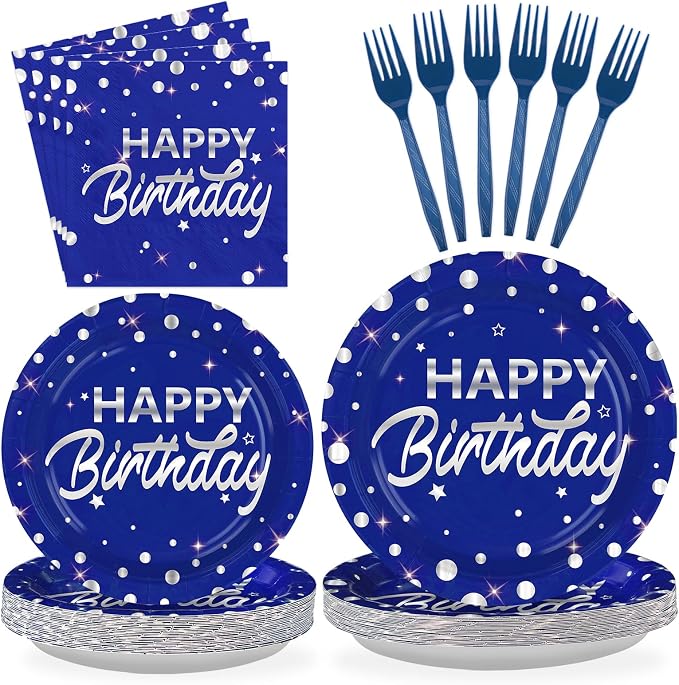 96Pcs Blue and Silver Birthday Party Decorations Silver Polka Dots on Blue Paper Plates and Napkins Disposable Tableware for Men Birthday Party Father's Day Graduation Decorations 2026 Serves 24