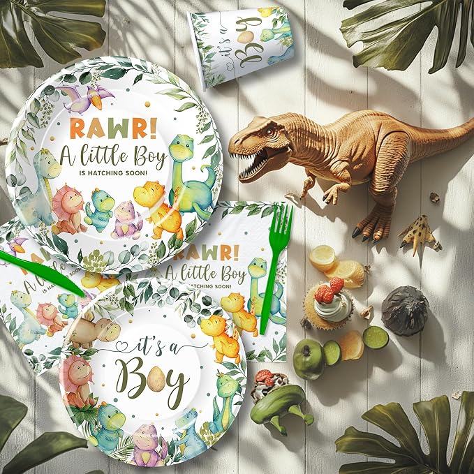 Dinosaur Baby Shower Decorations for Boy, Jungle Animal Dino Baby Boy Party Supplies, Dinosaur Theme Rawr It's a Boy Paper Plate, Napkin, Cup, Tablecloth, Cutlery, Banner, Swirls, Serves 24