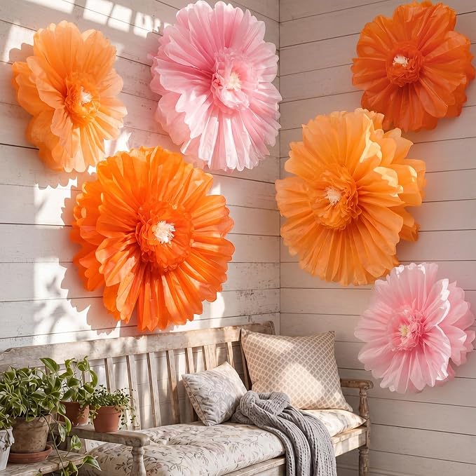 Giegxin 6 Pcs 31.5", 24" Pink, Orange Giant Paper Flowers Pink and Orange Party Decorations Large Crepe Tissue Flowers for Fall Wedding Boho Birthday Bridal Bachelorette Bridal Shower Classroom Decor