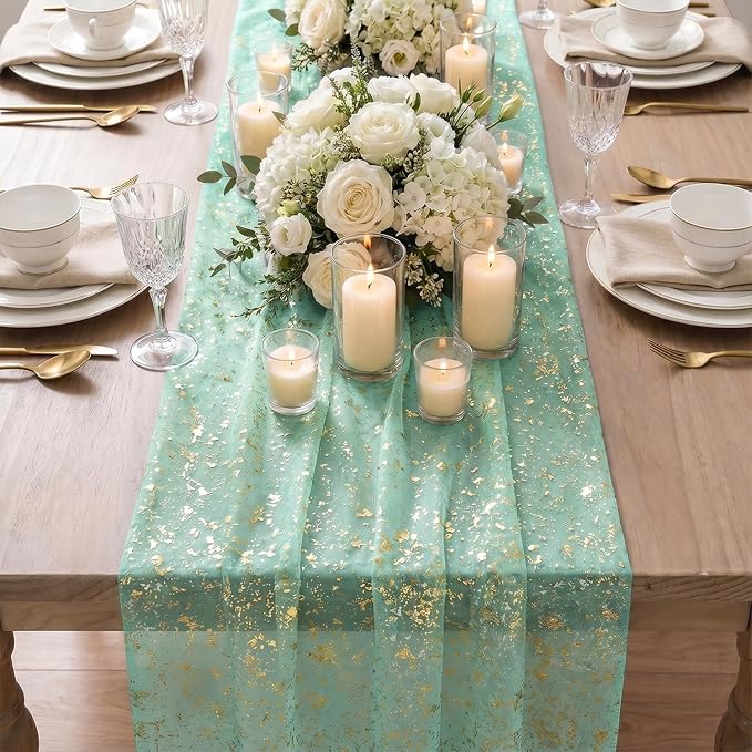 Artoid Mode 6Pcs Turquoise Gauze Gold Table Runner 10FT, Glitter Metallic Foil Sheer Dining Wedding Anniversary Holiday Table Decor for Home Party