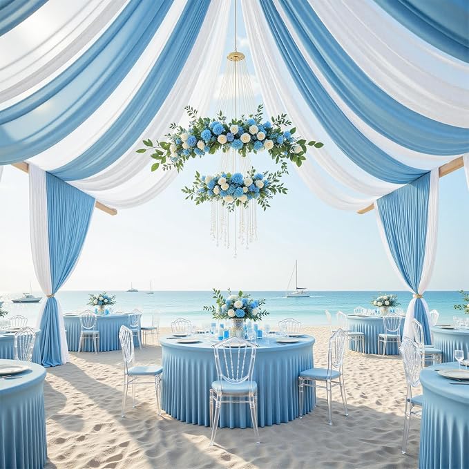 60 Inch Baby Blue Round Tablecloth - Stretch Spandex Fitted Table Cover with Elastic Skirt Edge, Wrinkle-Free & Reusable for 5FT Tables Wedding Banquet Party Birthday Buffet