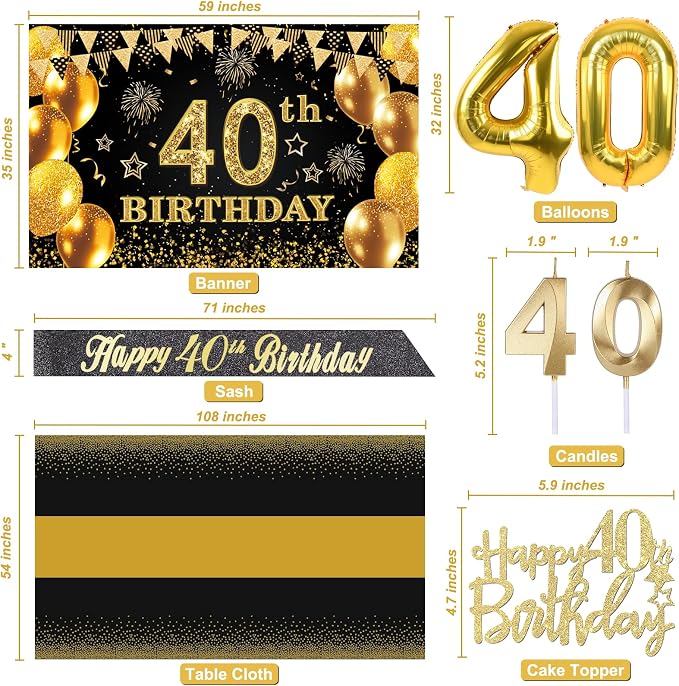 40th Birthday Decorations Men Women with 40th Birthday Banner, Black and Gold Table Cloth, Number Balloons,Large Sash, Cake Topper and Candles