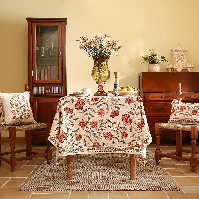 ISAENNE Designer French Linen Square Large Tablecloth,67"x67"-Alvarado D | Vintage Elegant Beautiful Table Cloth,Orange Floral Pattern,Heavyweight,Dining Room,Tea Party,Kitchen,Thanksgiving,Decor