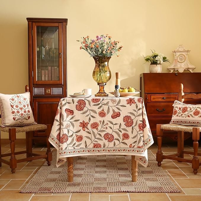 ISAENNE Designer French Linen Rectangular Tablecloth,118"x67"-Alvarado D | Vintage Elegant Beautiful Extra Long Table Cloth for Rectangle Table,Orange Floral Pattern,Dining,Kitchen,Thanksgiving