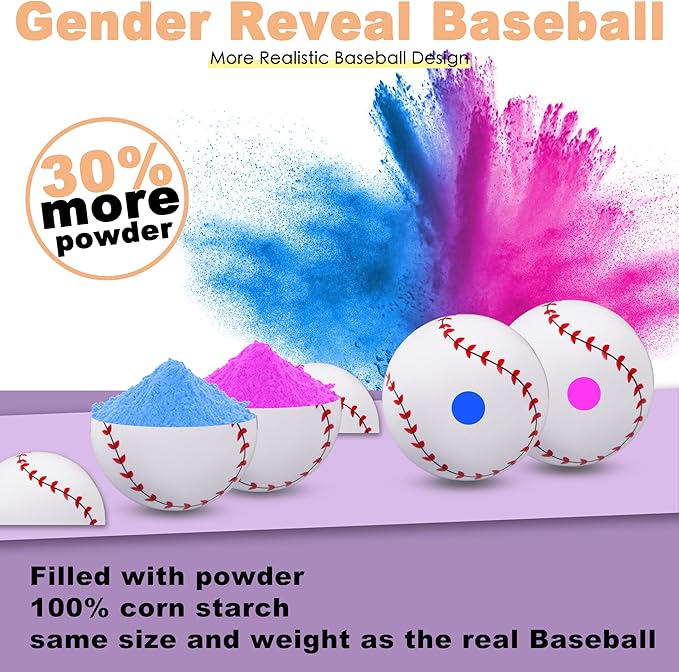 ARELUX Gender Reveal Baseball Color Powder Exploding Ball Kit 4 Baseballs Full Powder Great Smoke for Baby Boys Girls Gender Reveal Party for Baseball Theme