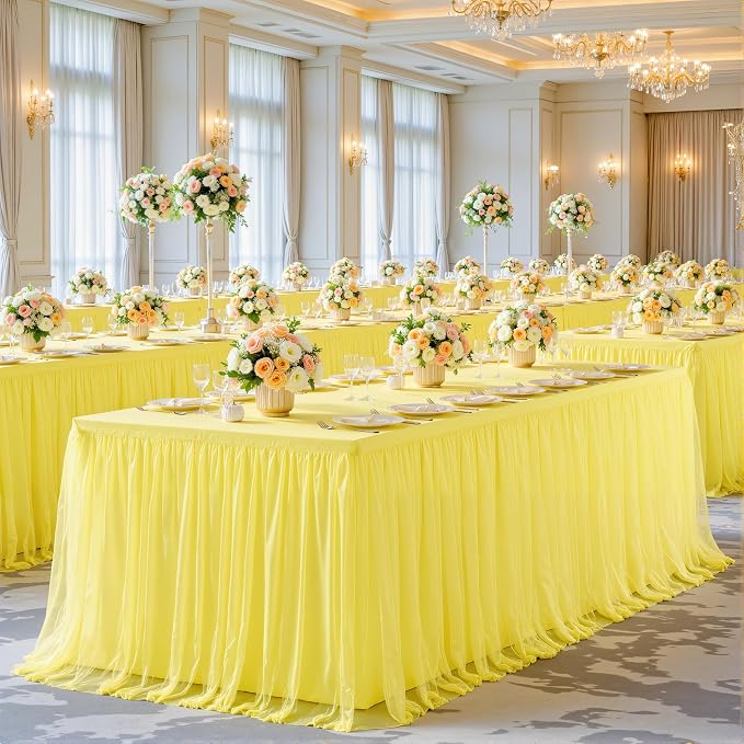 Yellow Tulle Tablecloth for 6 Foot Rectangular Tables 6ft Yellow Rectangle Table Cloth Wrinkle Free Table Cover with Tutu Skirt for Birthday Cocktail Banquet Buffet Lemon Citrus Fruit Party Decoration
