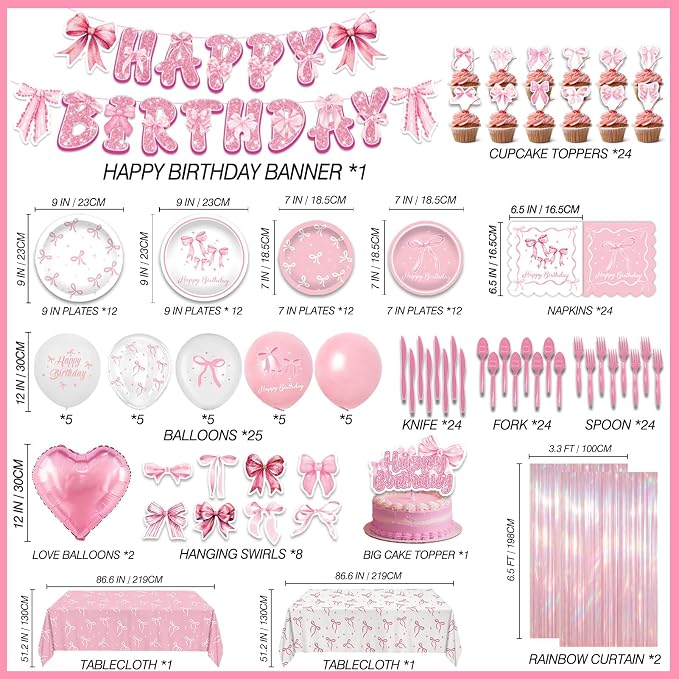 266Pcs Pink Bow Party Birthday Decorations - Party Supplies Included Foil Fringe, Banner, Tablecloth, Hanging Swirls, Cupcake Toppers, Tableware, Paper Towel, Latex and Love Heart Balloons (Pink Bow)