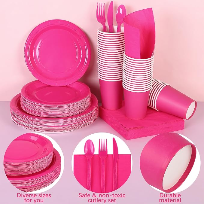 durony 350 Pieces Hot Pink Paper Dinnerware Set 7 Inch 9 Inch Disposable Dinner Plates Serve 50 Guests Paper Cup Cutlery Napkins Solid Color Party Supplies for Birthday Wedding Party Family Picnic
