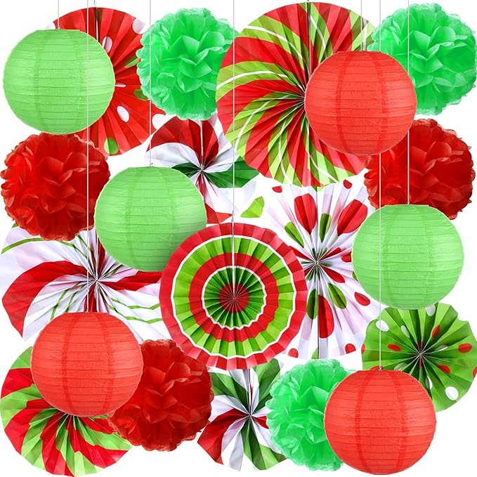 Outus 21 Pcs Christmas Hanging Paper Decorations Candy Peppermint Fans Red and Green Tissue Pom Poms Colorful Paper Lanterns for Christmas Holiday Party Supplies Classroom Ceiling Wall Decor