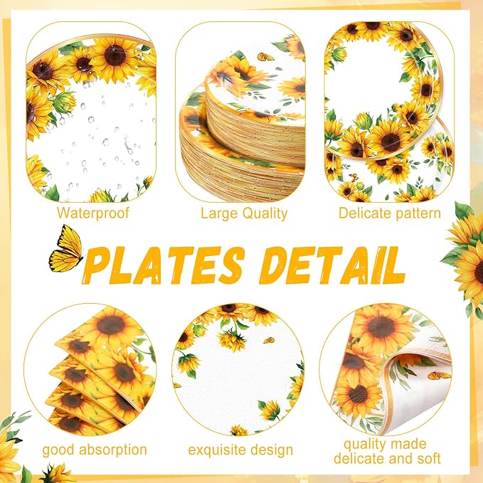 Ziliny 250 Pcs Sunflower Party Decorations Include Sunflower Paper Plates Napkins and Cups for Birthday Wedding Baby Shower Bridal Shower Tea Decorations, Serve 50 Guest