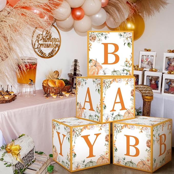 AmazingSpark 4 Pcs Little Pumpkin Baby Shower Boxes with Letters Fall Pumpkin Candy Box Decor with Letters Blocks Baby Shower Centerpiece for Party Backdrop