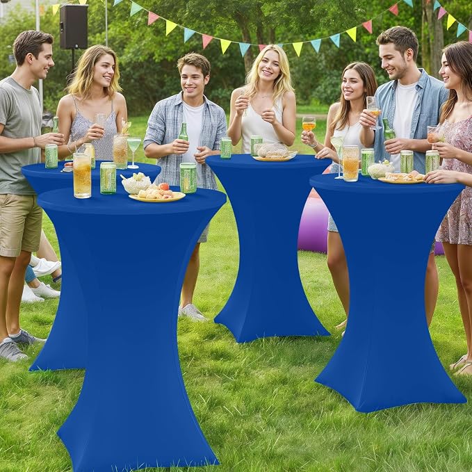 Moosfor Spandex Cocktail Table Covers 4 Pack, Elastic Fitted Stretch Table Cloth, Round High Top Tablecloths for Bar, Party, Pub, Wedding & Banquet (Blue, 32x43 Inch)