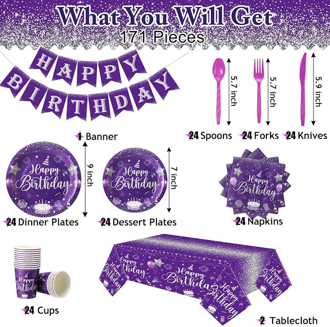 Vesici 171 Pcs Happy Birthday Party Supplies 24 Set Disposable Party Tableware include Plates Cups Napkins Cutlery and Banner Tablecloth Birthday Dinner Decorations for Men Woman(Purple, Silver)