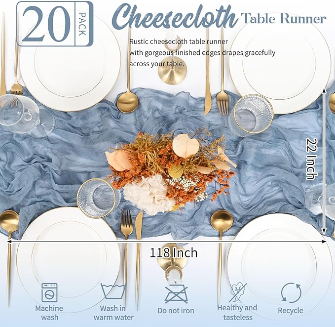 20 Pack Dusty Blue Table Runner 10FT Long Cheesecloth Table Runner Cheese Cloth Gauze for Wedding Party Birthday Decoration-Dusty Blue